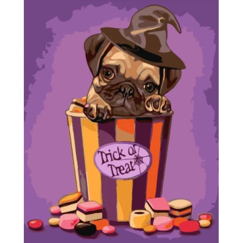 Картина за номерами Тварини. Хеловінський мопс, 30х40см, , з лаком, в термопакеті, Strateg (SS-6426-mt)