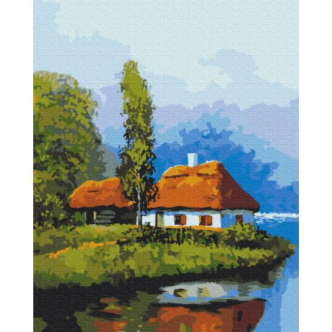 Картина за номерами Сільська. Хатинка біля озера, 40х50см, в термопакеті, Brushme (BS53152-mt)