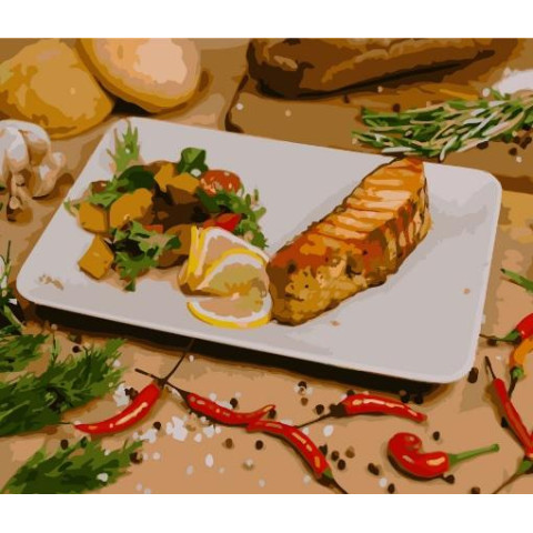 Картина за номерами Натюрморти. Стейк із лосося, , 40х50см, в термопакеті, Strateg (GS297-mt)