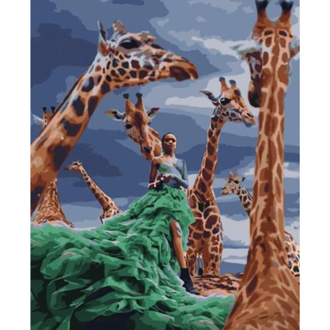 Картина за номерами Тварини. Дівчина серед жирафів, , 40х50см, в термопакеті, Strateg (HH015-mt)