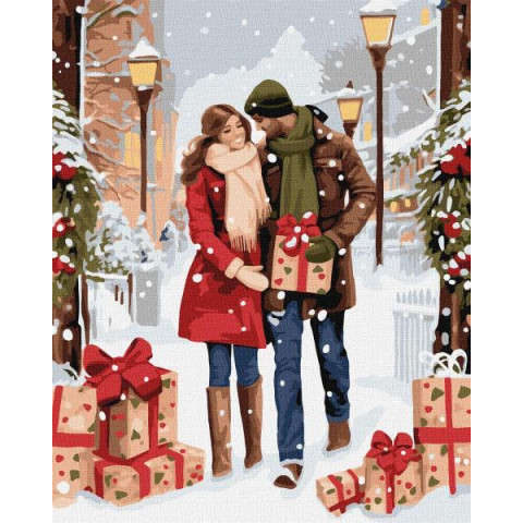 Картина по номерам Зимние и новогодние сюжеты. Обмен подарками, 40х50см, термопакет, Идейка (КНО8349-mt)