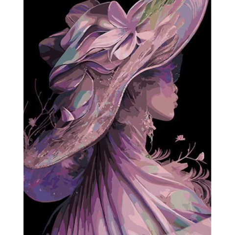 Картина за номерами Люди. Дівчина в капелюсі, чорний фон, 40х50см, в термопакеті, Strateg (AH1054-mt)