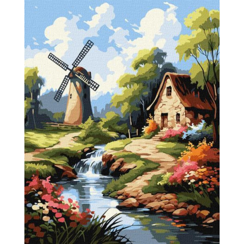 Картина за номерами Пейзаж. Будиночок біля млина, 40х50см, в термопакеті, Идейка (КНО6342-mt)