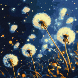 Набір для розпису по номерах "Летючі кульбаби у вечірньому небі з фарбами металiк extra" 40х40см