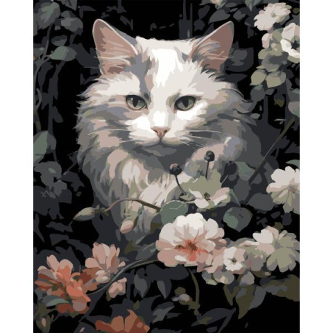 Набір для розпису по номерах Кіт у квітах Strateg на чорному фоні розміром 40х50 см (AH1191-17)