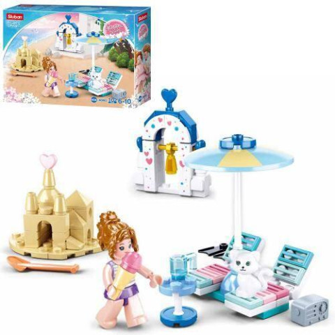 Конструктор SLUBAN пляж, шезлонги, фигурки, 102дет, в кор. 19*14*4,5см 