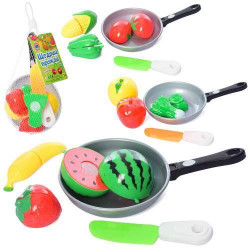 Продукти на липучці, 3шт, сковорідка, ніж, 3види (овочі/фрукти), сітка 20*12*6см  арт: 4013D