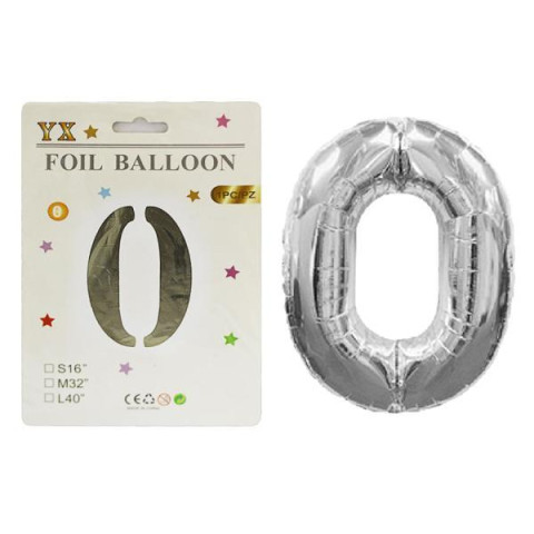 Шарик цифра 0, 75см, индивидуальная упаковка с цветным картоном: серебро, пак. 20*14см