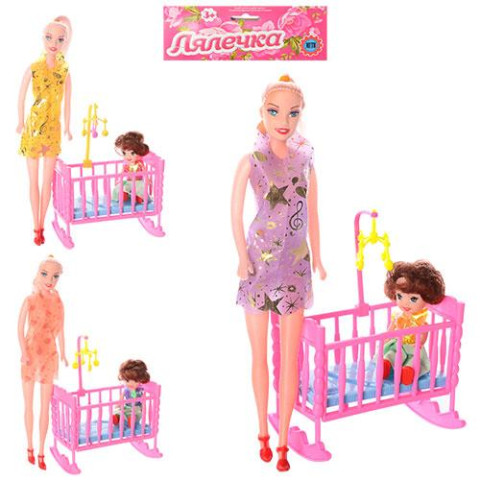 Кукла 2шт, 27см и 10см, с кроваткой, 3 вида, пак. 18*32*9см 