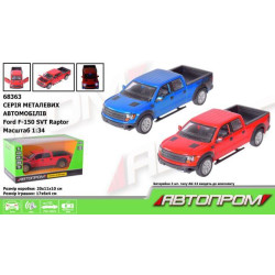 Машина мет. "АВТОПРОМ" 1:34 Ford F-150 SVT Raptor, бат., мир., звук, открывающаяся дверь, в корр. 20*11*10см
