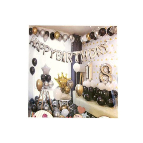 Набір декору Happy birthday 18. Дизайн у золотих, срібних, чорних тонах (банер, кульки) 34*26см.
