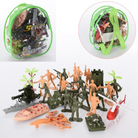 Солдаты в наборах 18шт, военная техника 7шт, башня, деревья, в рюкзаке 17*17*6см