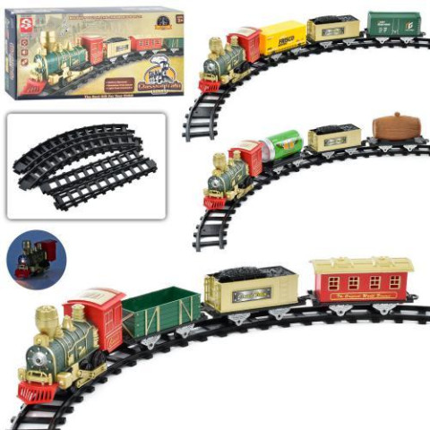 Железная дорога 134*74см, локомотив 17см, 3 вагона, звук, свет, 3 вида, бат. в кор. 37*18,5*6,5см