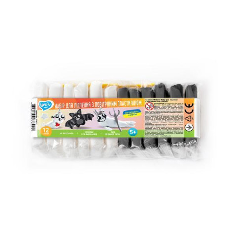 Набор для лепки с воздушным пластилином, 12 черно-белых стиков, пак. 19*8*3см, ТМ Lovin