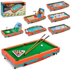 Настольная игра 7в1, игровое поле 47*26см, кий 3шт, шарики, кегли, фигурки, в кор. 48*28*12см