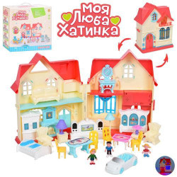 Домик 48*31см, автомобиль 12см, фигурка 6см 3шт, мебель, звук, свет, на бат., в кор. 33*32*15см
