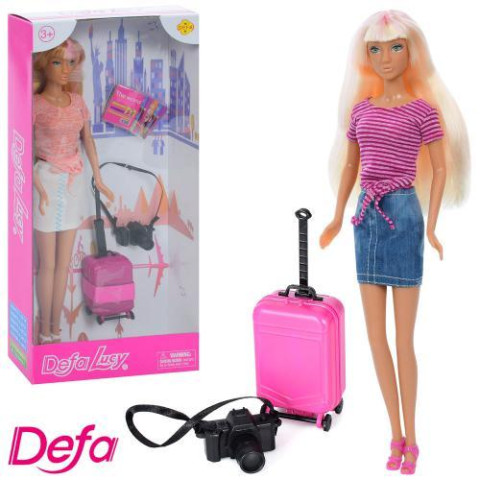 Кукла DEFA 29см, чемодан, фотоаппарат, 2 вида, в корр. 15*32*5см