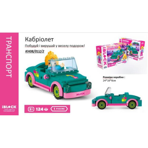 Конструктор Kids hits IBLOCK JUNIOR Девочки, Кабриолет, 124 дет,компл. фигур, инстр., наклейки, в кор. 24*16*6см