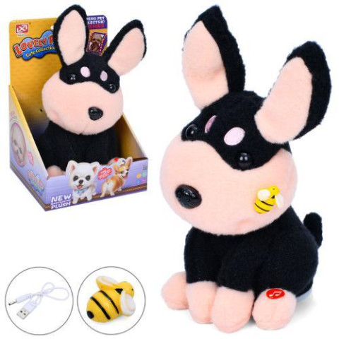 Собака 25см, аккум, повтор, звук, плюш, реагирует на пчелу, USB зарядное, подвижное, на батар., в корр. 16*24*15см , ст: 916-1