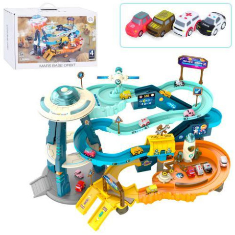 Гараж космодром, машинка 4шт, космический корабль 3шт, звук, свет, на бат., в кор. 42,5*28*14см, ст: T905A