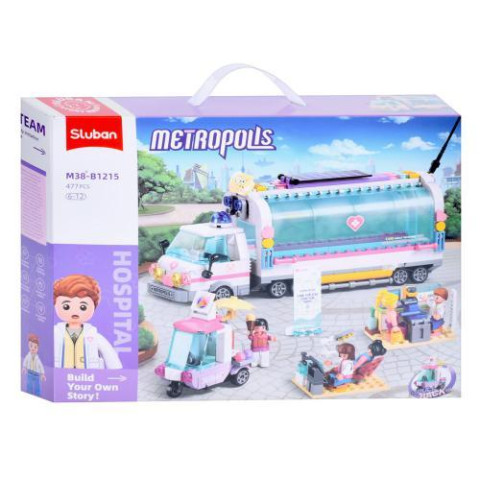 Конструктор SLUBAN рожева серія, лікарня на колесах (трейлер), кафе-морозиво на колесах (трицикл), фігурки, 477дет, в кор. 42,5*33*7см   арт: M38-B1215