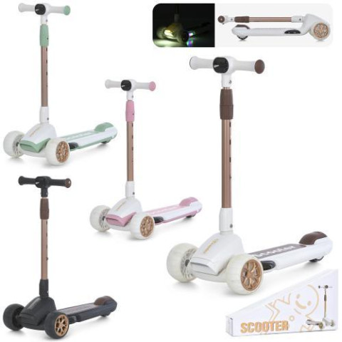 Самокат Maxi-big, метал+пластик,  3 колеса ПУ,2 пер.118мм св, задн 85мм, світло, підніжка 30*13см-музика, світло, кермо 5 положень (min 68см, 1полож. 71,5см, max85см), на батар., в кор. 70,5*33*16см, 3 кольори  арт: JR3-123