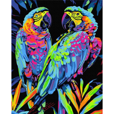 Картина по номерам Попугаи в тропиках Black 40х50см Metalic/Флуоресцентные, ТМ Brushme, Украина