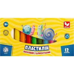 Пластилин круглый восковой с блестками 12 цветов, в кор. 19,5*9,5см, ТМ Школярик, Украина