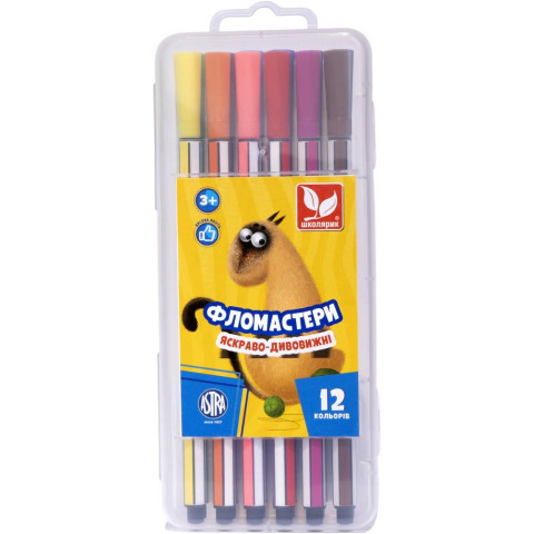 Фломастеры шестигранные и пластиковые коробочки 12 цветов, пл.кор. 17*7см, ТМ Школярик, Украина