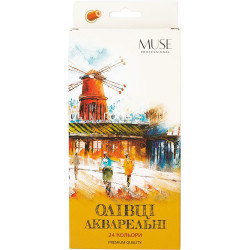 Карандаши акварельные шестигранные MUSE 24 цвета с кисточкой и точилкой, в кор. 22*10*2см, ТМ Школярик, Украина