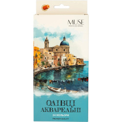 Карандаши акварельные шестигранные MUSE 24 цвета с кисточкой и чинкой, в кор. 22*10*2см, ТМ Школярик, Украина