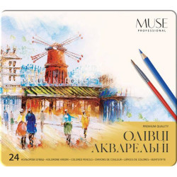 Карандаши акварельные шестигранные MUSE 24 цвета с кисточкой металлическая коробка 18*21см, ТМ Школярик, Украина