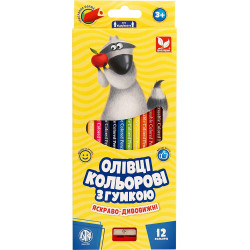 Карандаши цветные трехгранные с резинкой + точилка 12 цветов, в кор. 25*10*1,5см, ТМ Школярик, Украина