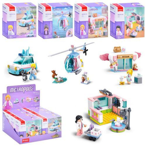 Конструктор SLUBAN рожева серія, 4 види (2-транспорт, 2-кімната), фігурка, тварина, від78дет, 8шт в дисплеї,30*15,5*25,5см   арт: M38-B1212