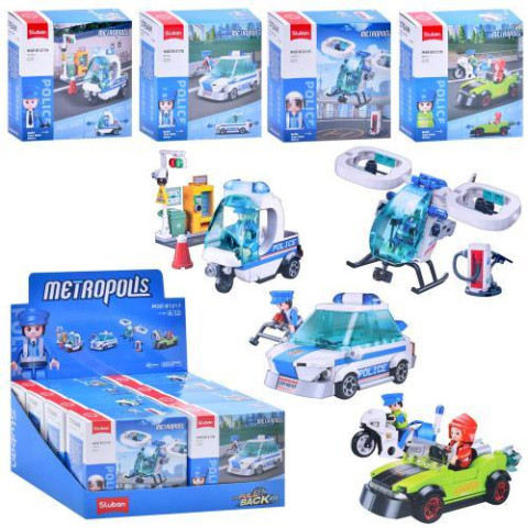 Конструктор SLUBAN ЦЕНА ЗА 1ШТ полиция, транспорт, от 97дет, 4 вида, в кор. 8шт в дисплее, 30*15,5*25,5см 