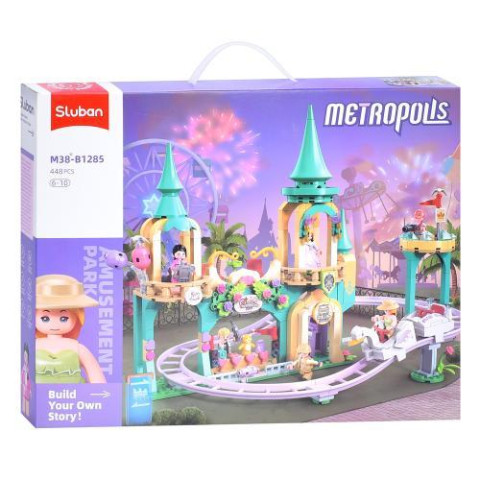 Конструктор SLUBAN розовая серия, парк развлечений, 43,2см, дорога, фигурки, 448дет, в кор. 42,5*33*7см 