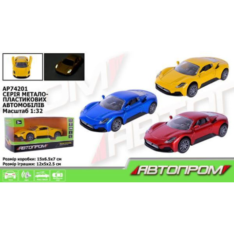 Машина мет. АВТОПРОМ 1:32, 3 цвета, откр.двери, бат.,свет., звук, в кор. 15*6,5*7см