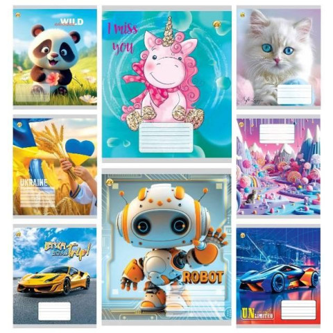 Тетрадь 12 л. косая, с доп. линией, цветная обложка Микс-8, ЦЕНА ЗА УП. 25ШТ, ТМ Тетрада, Украина