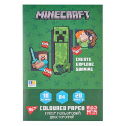 Папір кольоровий двосторонній Minecraft, 20 аркушів, А4, скоба, 30*20см, ТМ YES, Україна арт: 955458