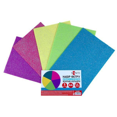 Набор мягкого Фетра с глиттером, яркие цвета 21х30см 5 листов, ТМ SANTI, Украина