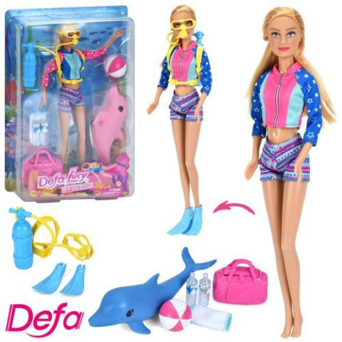 Кукла DEFA 29см, аквалангистка, дельфин, сумка, 2 вида, на планш. 23,5*34*5,5см 