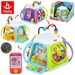Игра шестигранник, 27*23*20см, 14в1, музыка, звук, звуки животных, свет, шестерни, часы*трещотка, подвижные цифры, барабан, лабиринт на проволоке, пинбол, подвижные детали, 2 режима громкости, на батар., в кор. 30*24*30см 