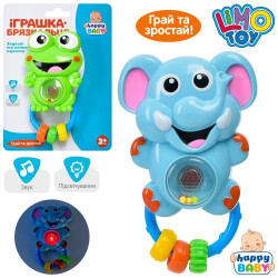Брязкальце 14см LIMO TOY, тварина, музика, світло, 2види, на бат (табл), на листі, 15*20*4,5см  арт: HB0018AB