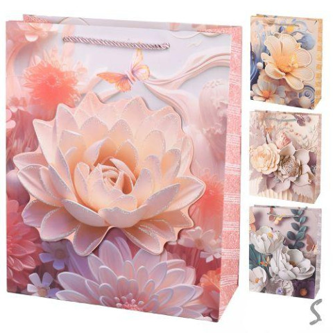 Пакет новорічний паперовий L "Flowers 3D" 31*40*12см, ЦІНА ЗА УП. 12ШТ  арт: R34729-L