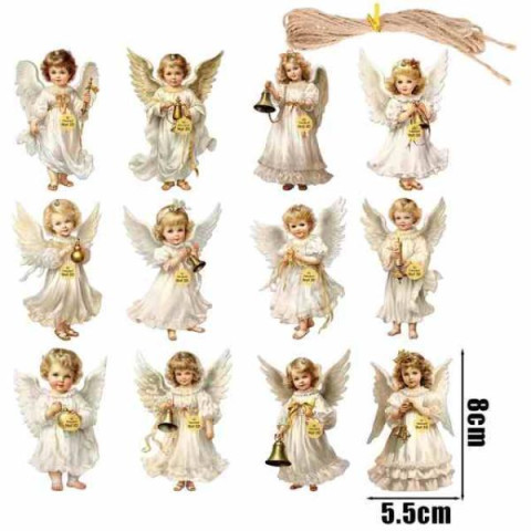 Деревянные украшения Ангелы с колокольчиками 12шт, пак. 11*6см
