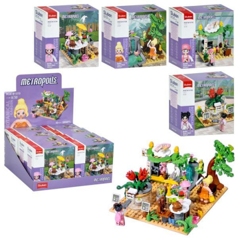 Конструктор SLUBAN рожева серія, ботанічний сад, від 71дет, фігурка, ЦІНА ЗА 1ШТ, в кор. 12*12*6см, 8шт (4види) в дисплеї 24,5*25,5*12,5см  арт: M38-B1373