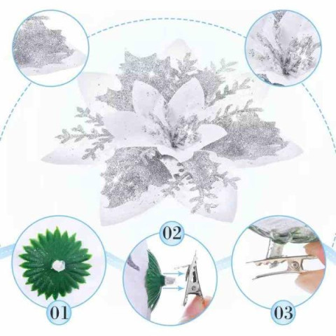 Набір різдвяних квіткових затискачів срібних 10квітів+10затискачів, пак. 22*26см арт: TNEW0