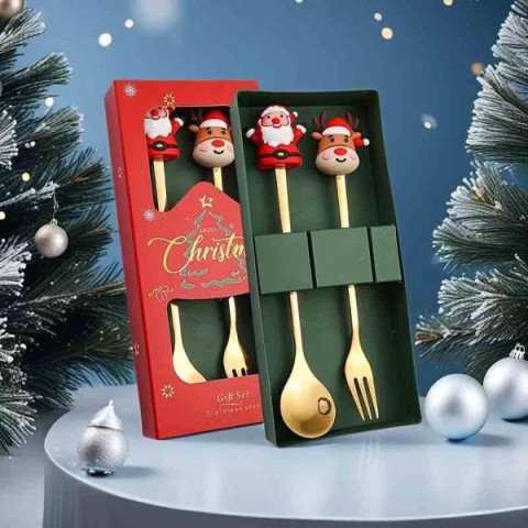 Набор Рождественский Дед мороз ложка и вилка 14см, в кор. 8*18*2см