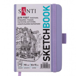 Скетчбук SANTI для графики, 10х15см, 100 л., твердый переплет PU, 110г/м2, фиолетовый