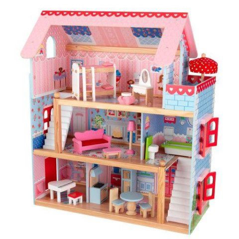 Деревянная игрушка Домик 71*60,5*31см, 3 этажа, LED свет, мебель, на батар., в кор. 65*48*12см 